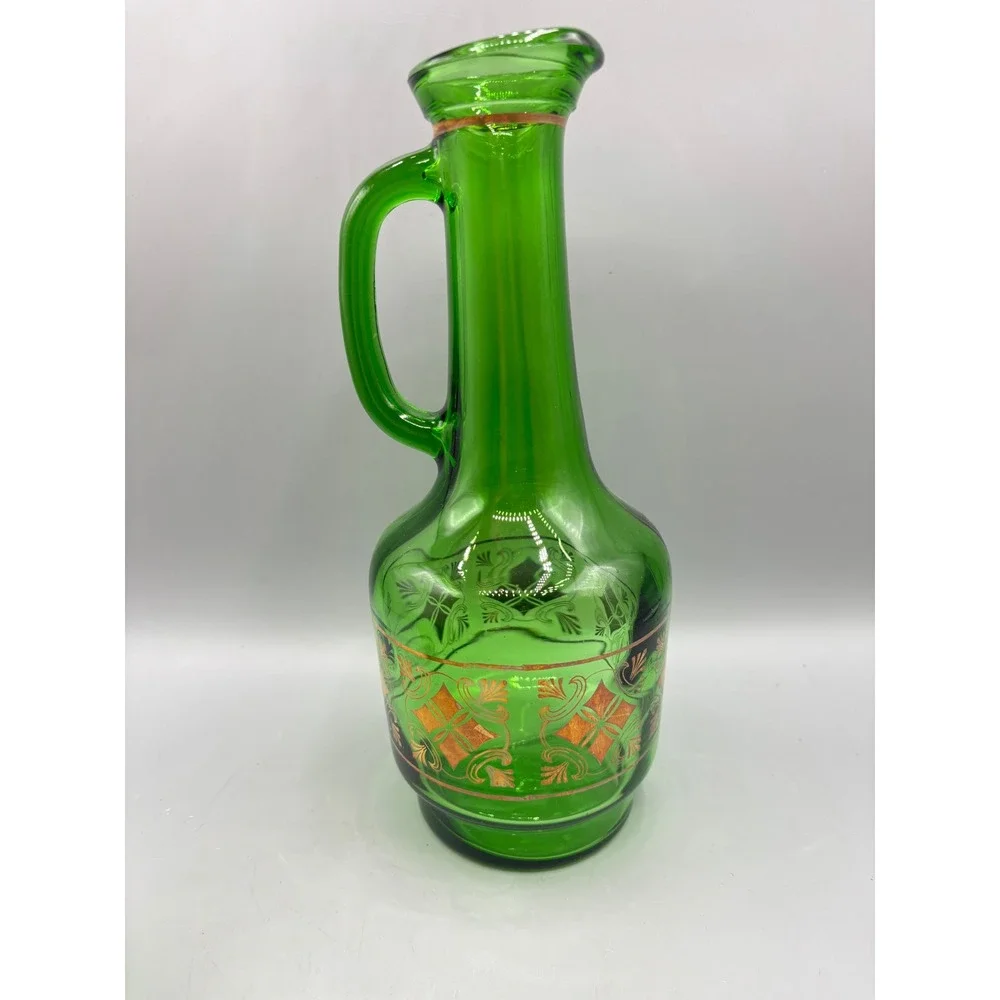 Vintage Green Glass Decanter Set 6 Shot Glasses Gold Geometric Pattern MCM EMPTY